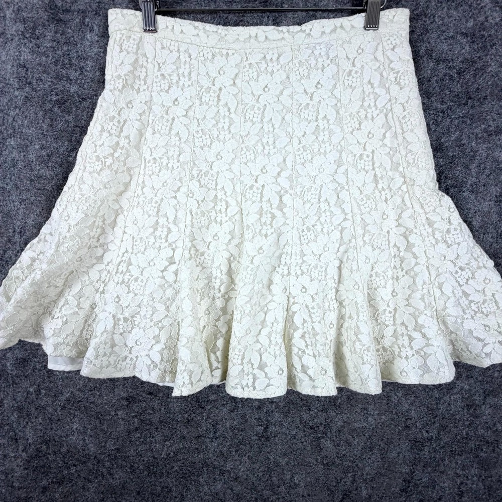 BCBGMaxazria Ruffle Mini Skirt Womens 10 White Floral Quinnie Lace Angelcore